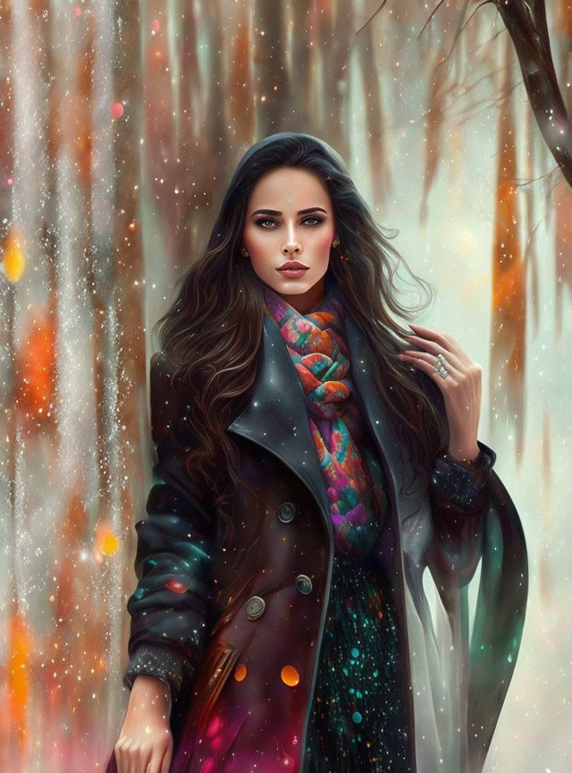 Digital art portrait of woman with long hair in coat and colorful scarf against blurred tree background.