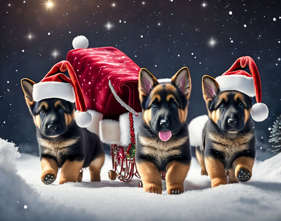 Three German Shepherd Puppies in Santa Hats with Snowy Background