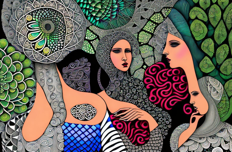 Vibrant abstract art: stylized human figures with eye motif in psychedelic theme