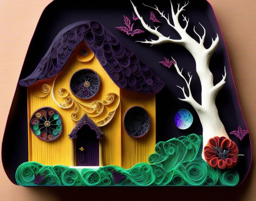 Colorful Quilled Paper Art: Fantasy House, Tree, and Purple Bats