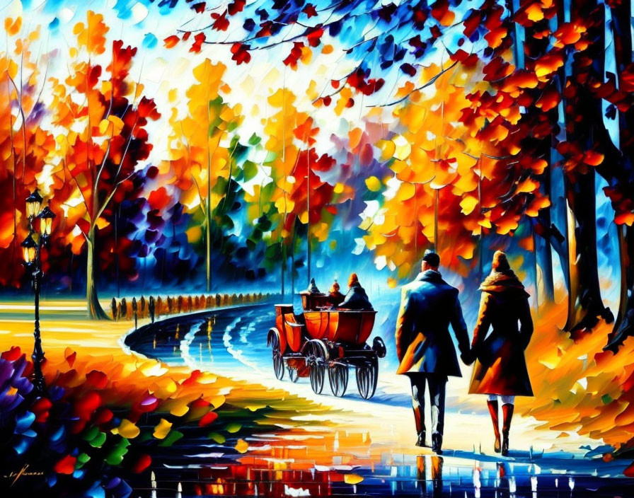 Colorful painting of couple in park with autumn trees and horse-drawn carriage