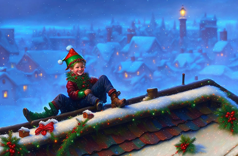 Child in festive hat on snowy rooftop gazes at village lights