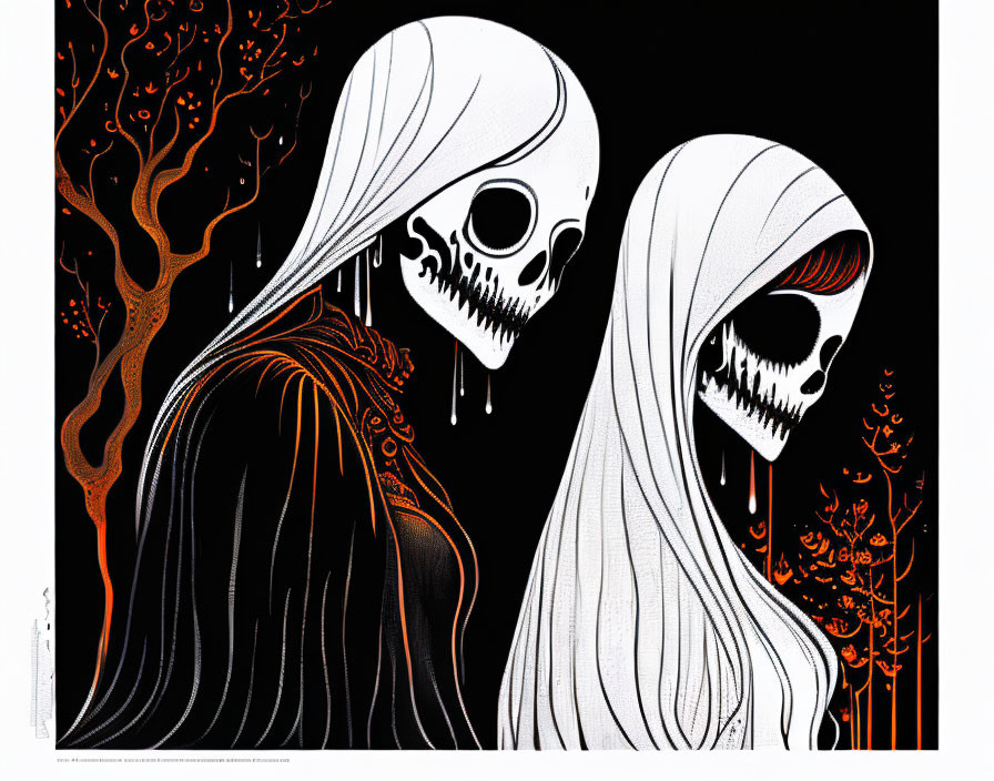 Stylized illustration of two skeletal figures in flowing black and white garments on a branch-patterned backdrop