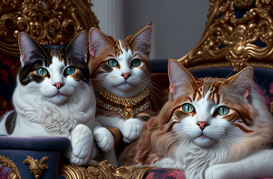 Regal cats with green eyes on ornate sofa