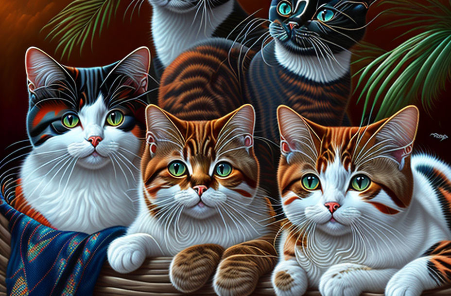 Four Colorful Cats with Expressive Eyes Among Tropical Foliage