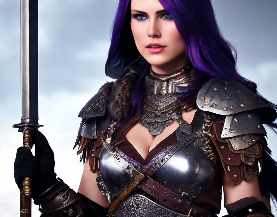 Fantasy warrior woman with purple hair in armor holding sword under stormy sky