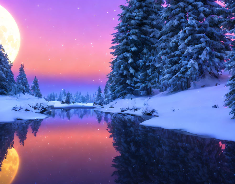 Snow-covered trees and river under starry sky in serene winter landscape