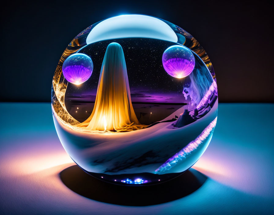 Colorful Glass Sphere: Mountain Landscape, Starry Sky, Purple Orbs, Golden Structure