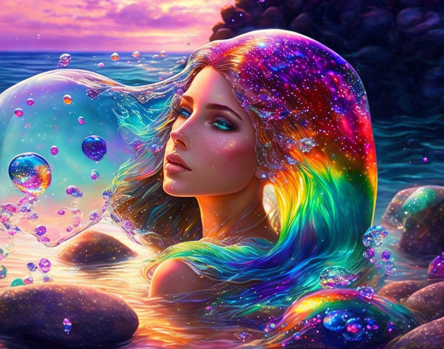 Colorful Artwork of Woman with Flowing Hair in Cosmic Setting