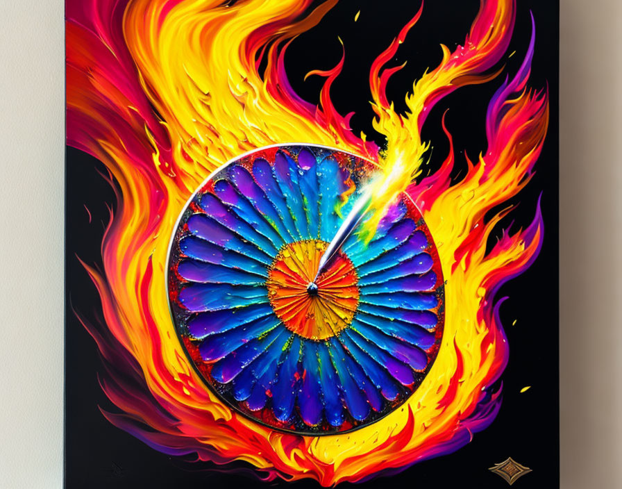 Colorful peacock feather surrounded by fiery flames on black background