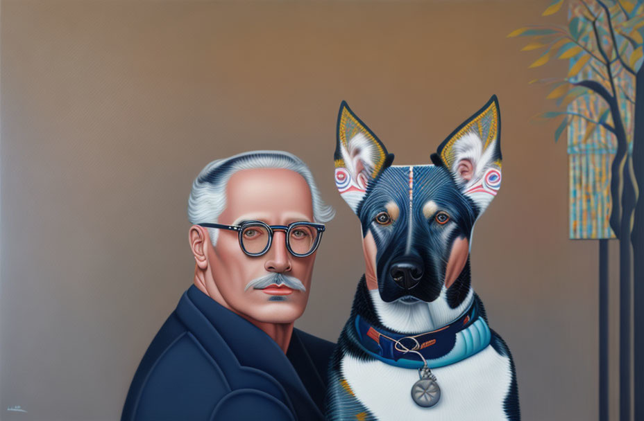 Surreal portrait: man with silver hair and glasses next to large dog with colorful eye patterns