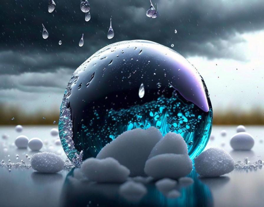 Blue glossy sphere surrounded by white spheres under stormy sky with suspended raindrops