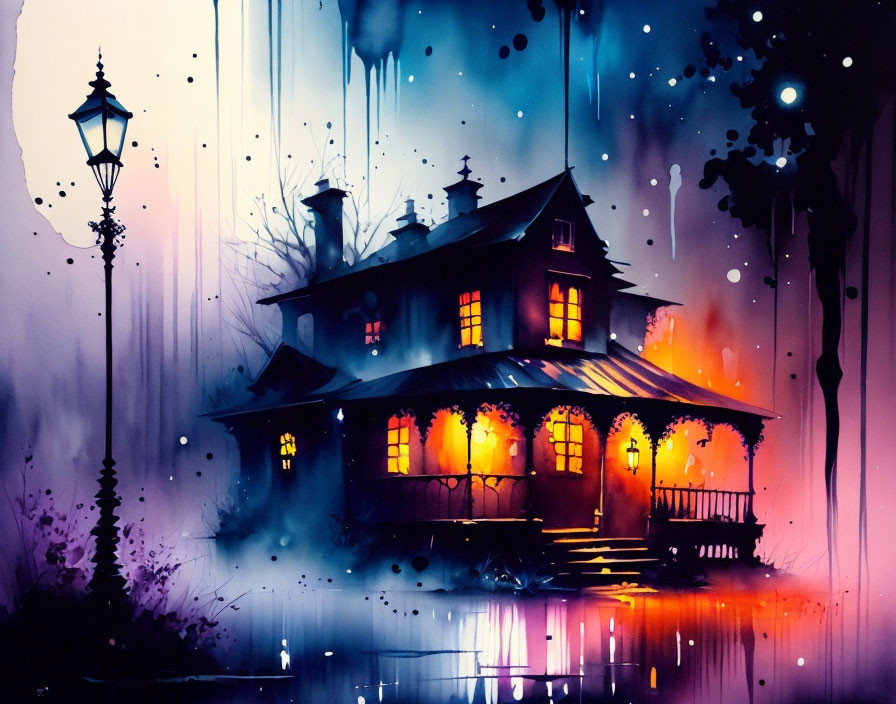 Vibrant illustration of mystical house in starry night scene