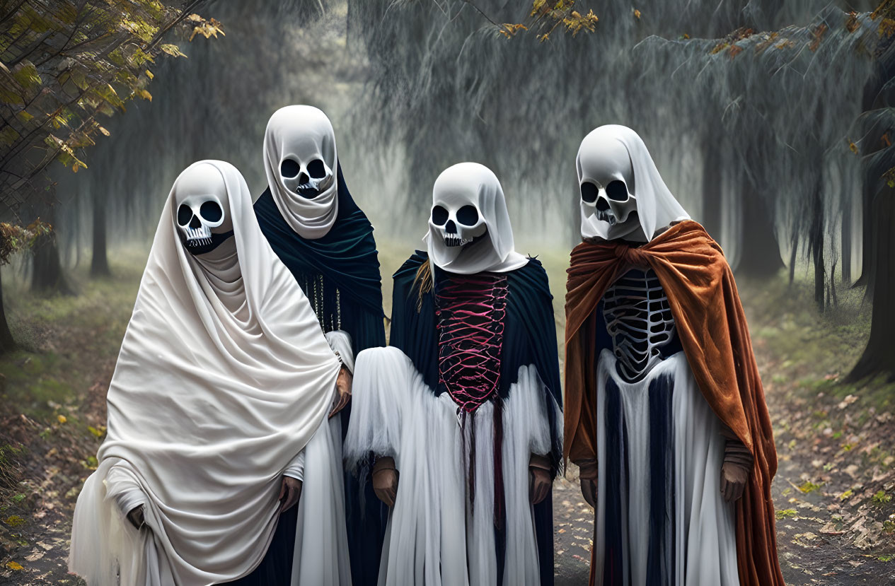 Four people in skeleton costumes with skull masks in misty forest