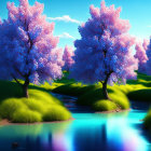 Colorful Stylized Landscape with Purple Trees and Blue Pond