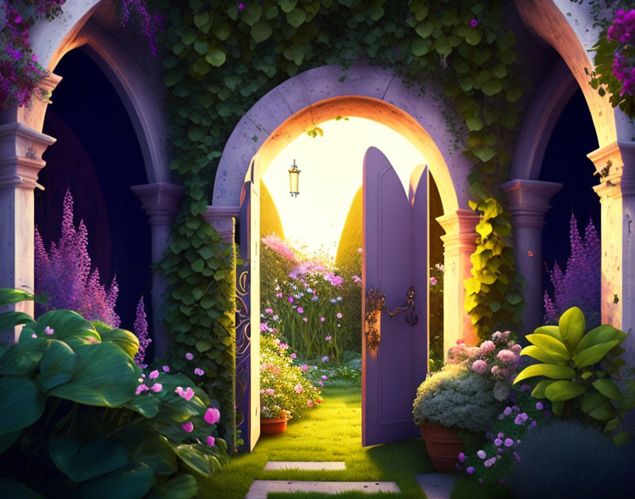 Colorful garden gateway with open purple doors, lush greenery, flowers, lantern, sunlit path