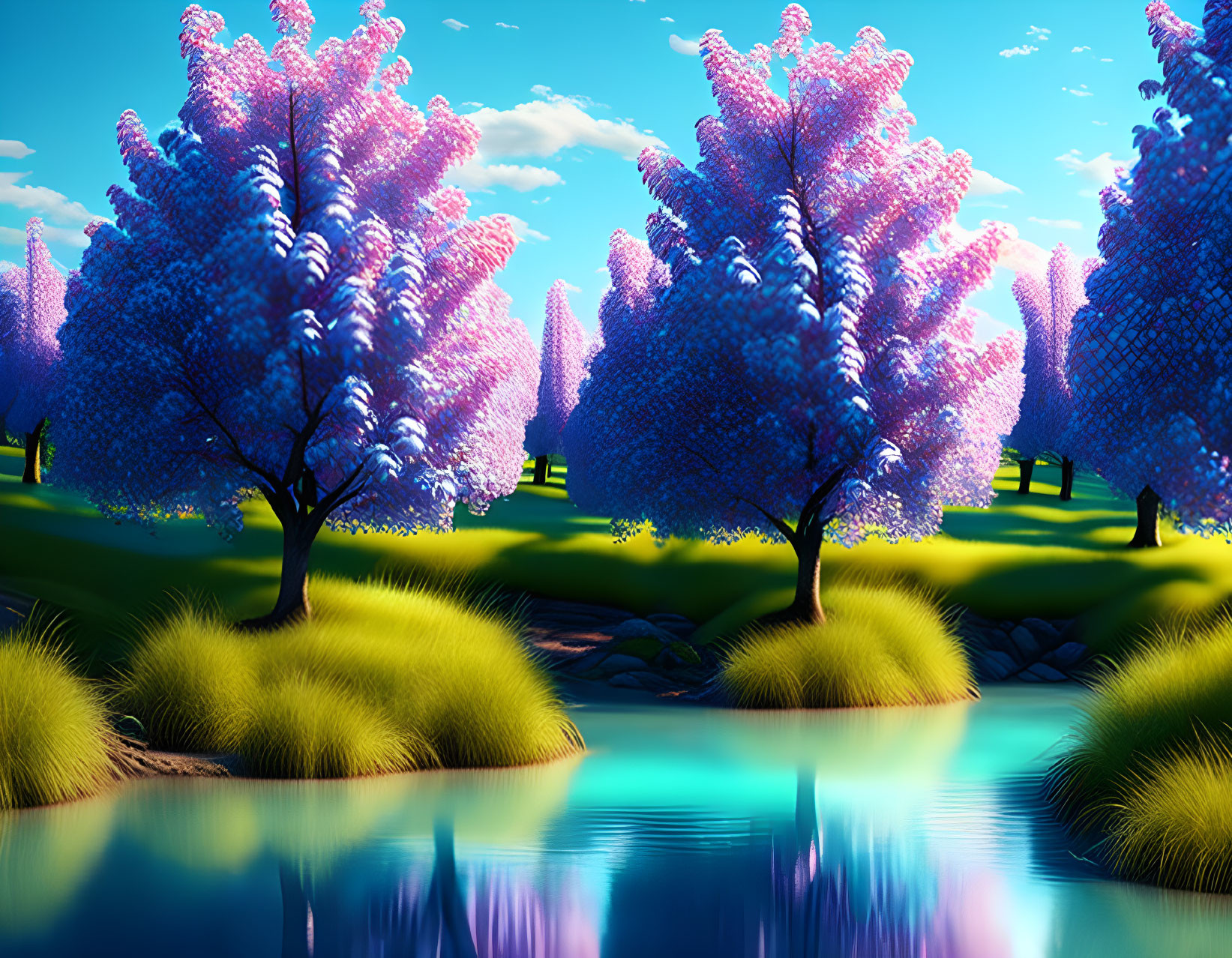 Colorful Stylized Landscape with Purple Trees and Blue Pond