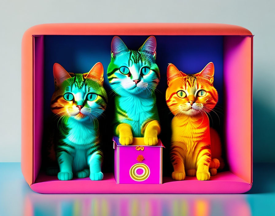 Vibrant Striped Cats in Neon Pink and Orange Box