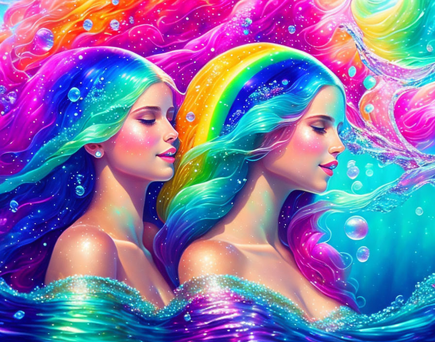 Colorful cosmic nebula hair on two women in vibrant swirling background