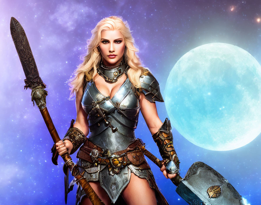 Fantasy warrior woman in armor with spear and hammer under starry sky