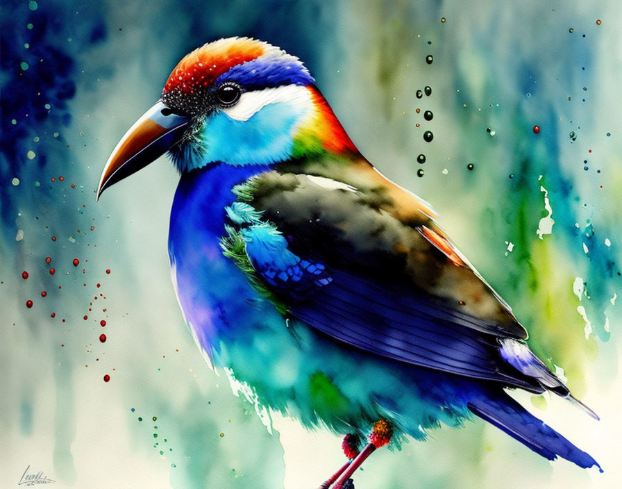 Vibrant bird painting with blue, green, and red hues on watercolor background