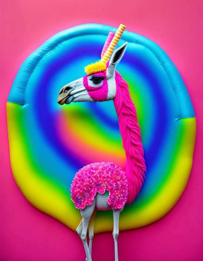 Colorful llama with unicorn horn and sunglasses on swirled backdrop