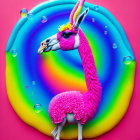 Colorful llama with unicorn horn and sunglasses on swirled backdrop