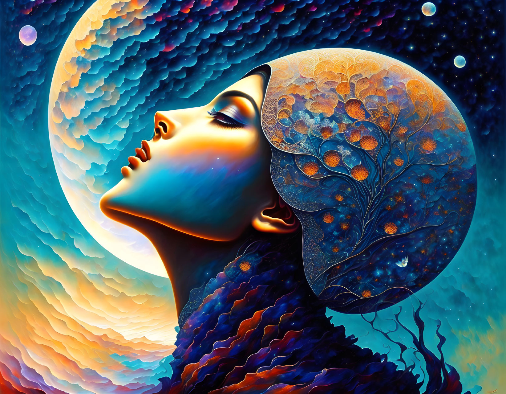 Colorful surreal portrait: woman with tree of life motif, cosmic backdrop.