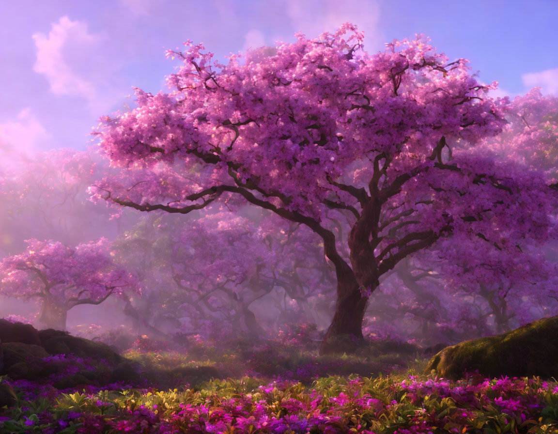 Cherry Blossom Trees in Full Bloom with Pink Flowers and Moss-covered Ground