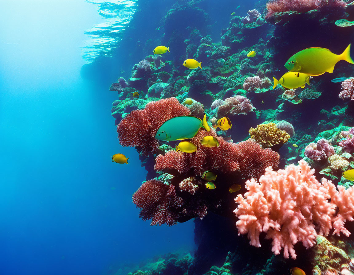 Vibrant tropical fish and colorful coral reef in clear blue water