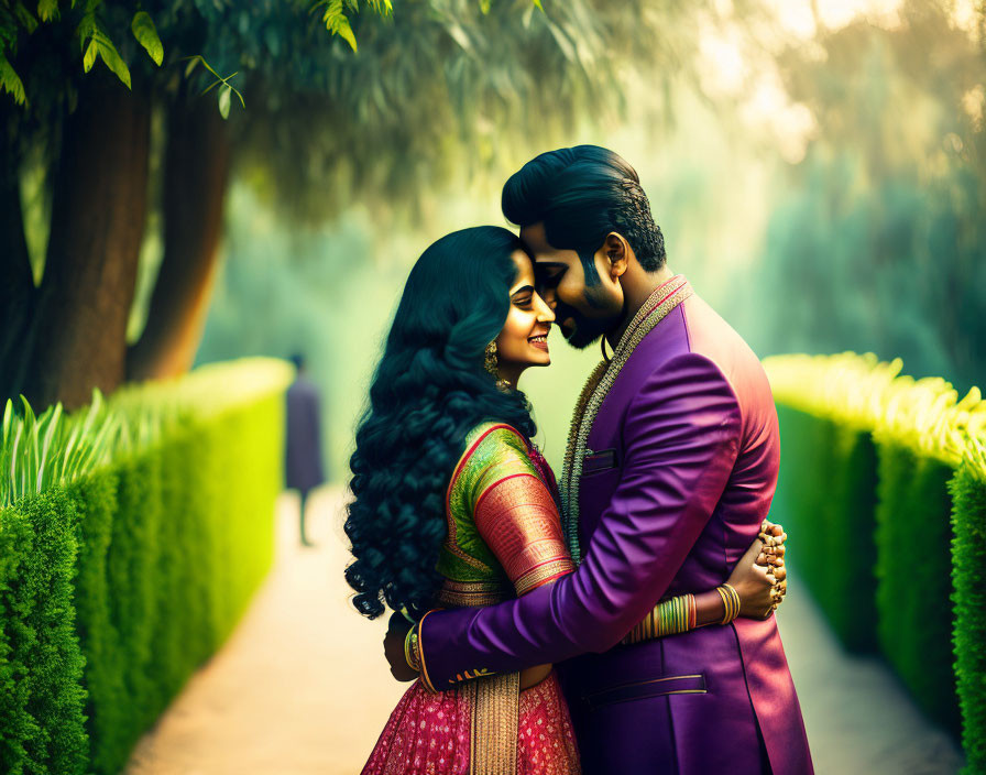 Traditional Indian Attire Couple in Intimate Moment Outdoors