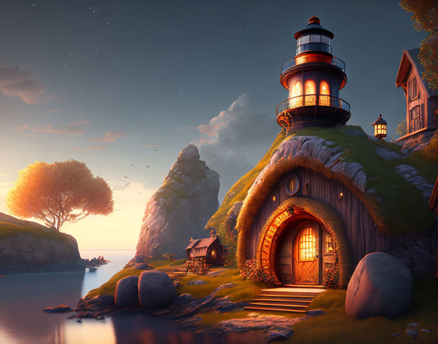 Cliffside lighthouse and cottage at sunset