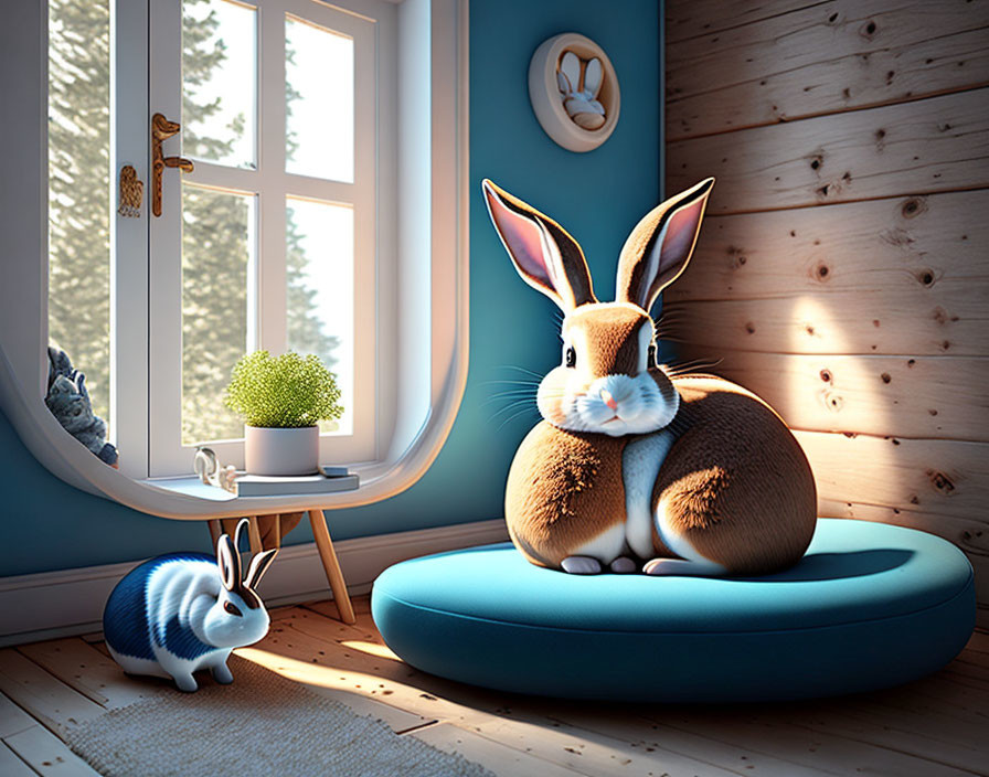 Large animated rabbit on blue cushion in cozy wooden room with snowy landscape view