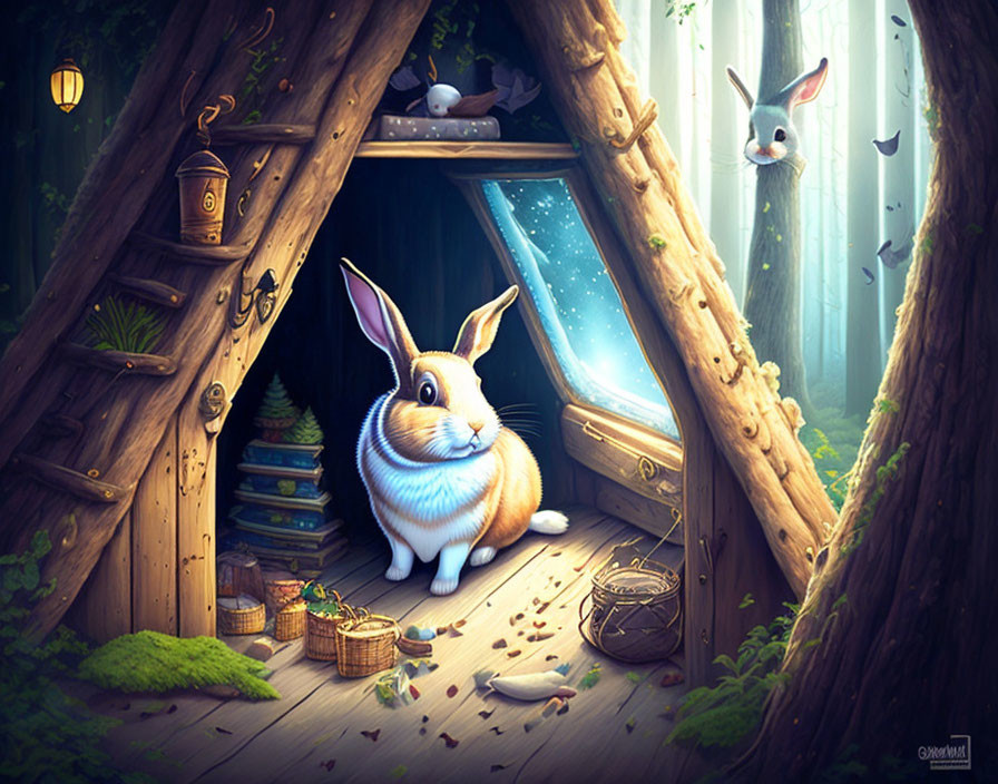 Chubby rabbit in tree hollow with books and jars, second rabbit peeking