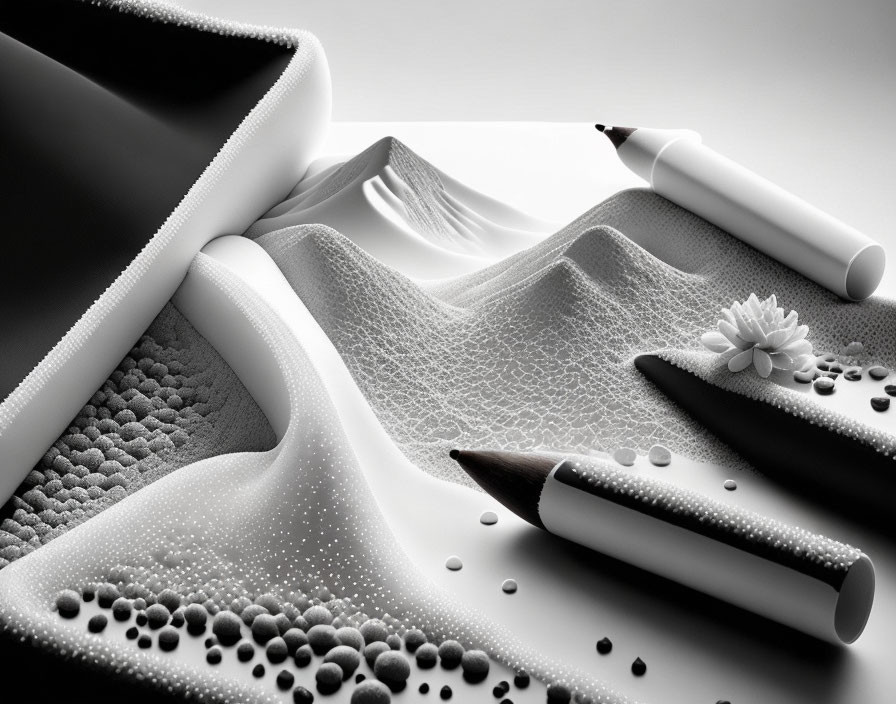 Monochrome art: pencil-like objects, crumpled paper landscapes, stylized flower