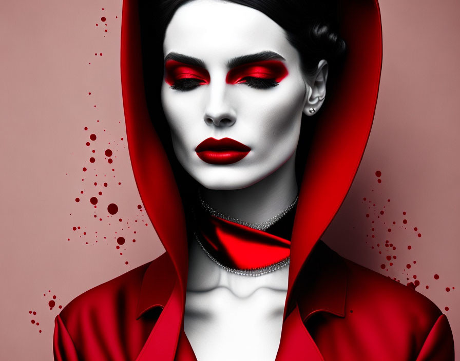 Vibrant stylized portrait of a woman in red makeup on pink background