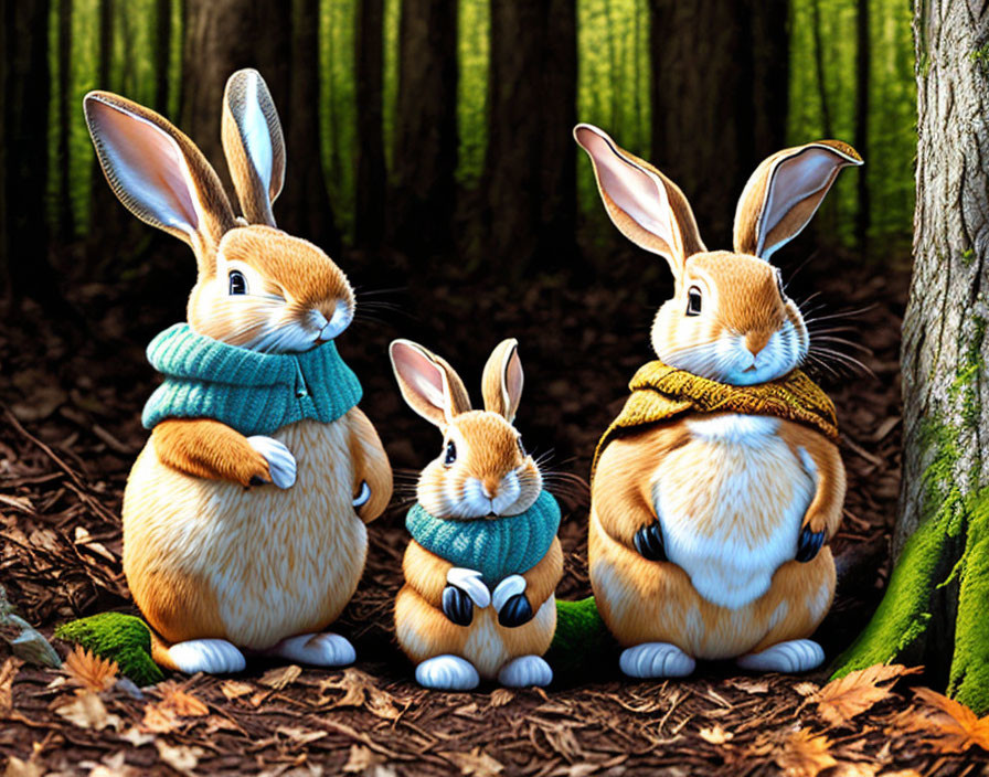 Anthropomorphic rabbits in scarves in forest scene