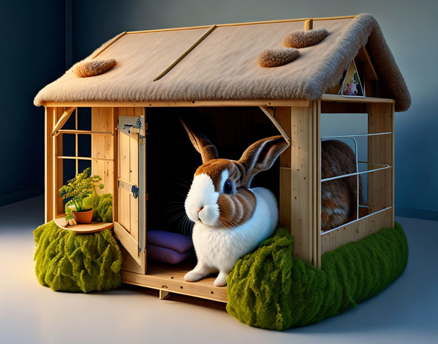 Brown and White Rabbit in Wooden Hutch with Green Pet Beds and Potted Plant