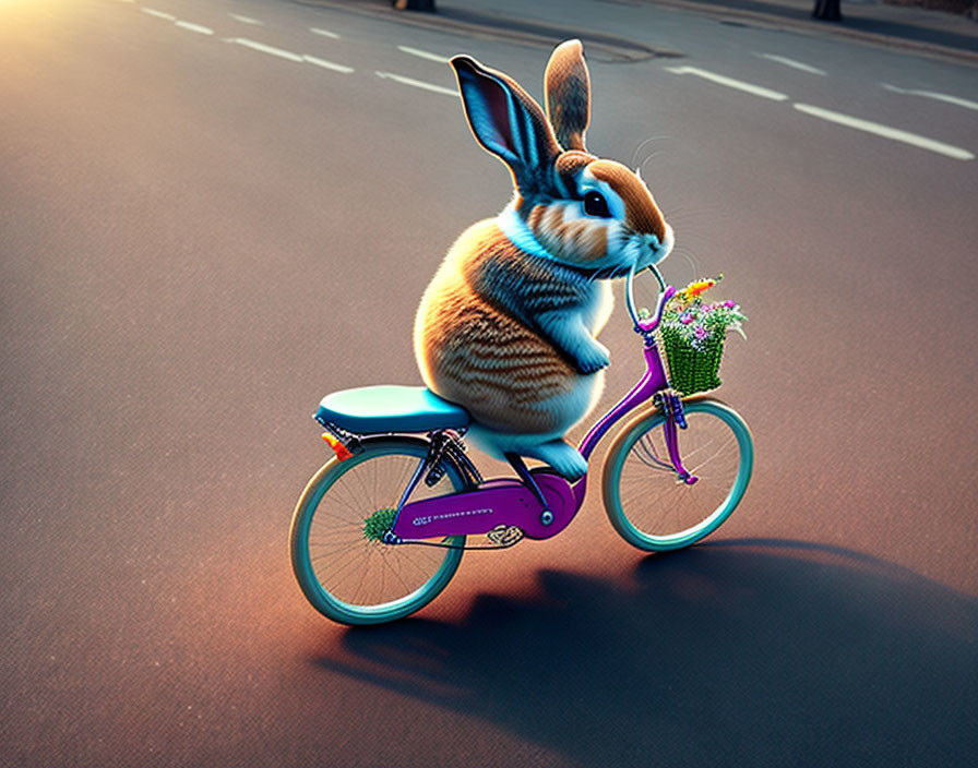 Large Rabbit Riding Bicycle with Flowers Basket at Sunset