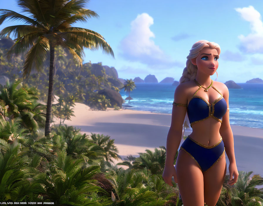 Blue bikini-clad female character on tropical beach with palm trees and mountains.