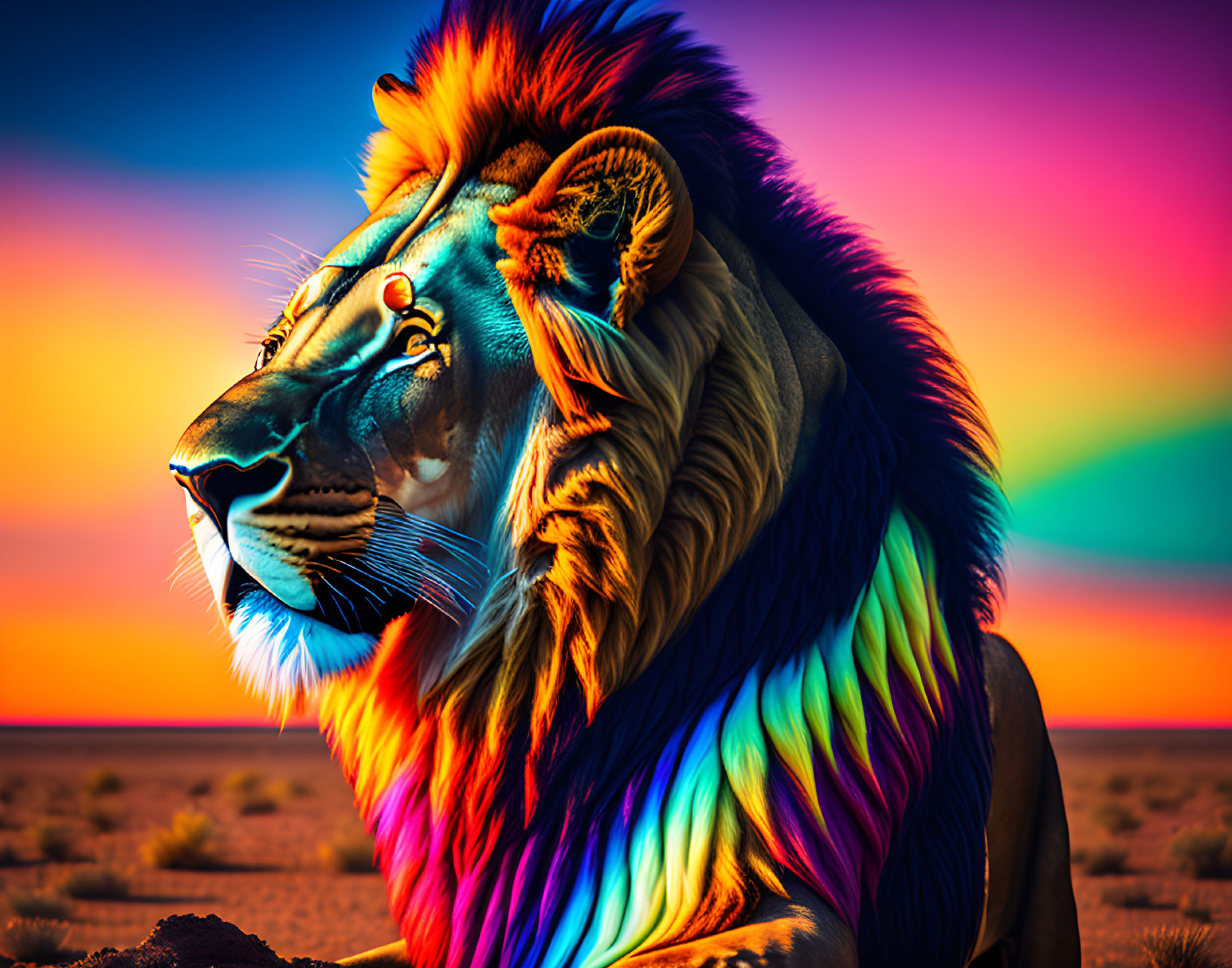 Colorful Lion with Rainbow Mane in Desert Landscape