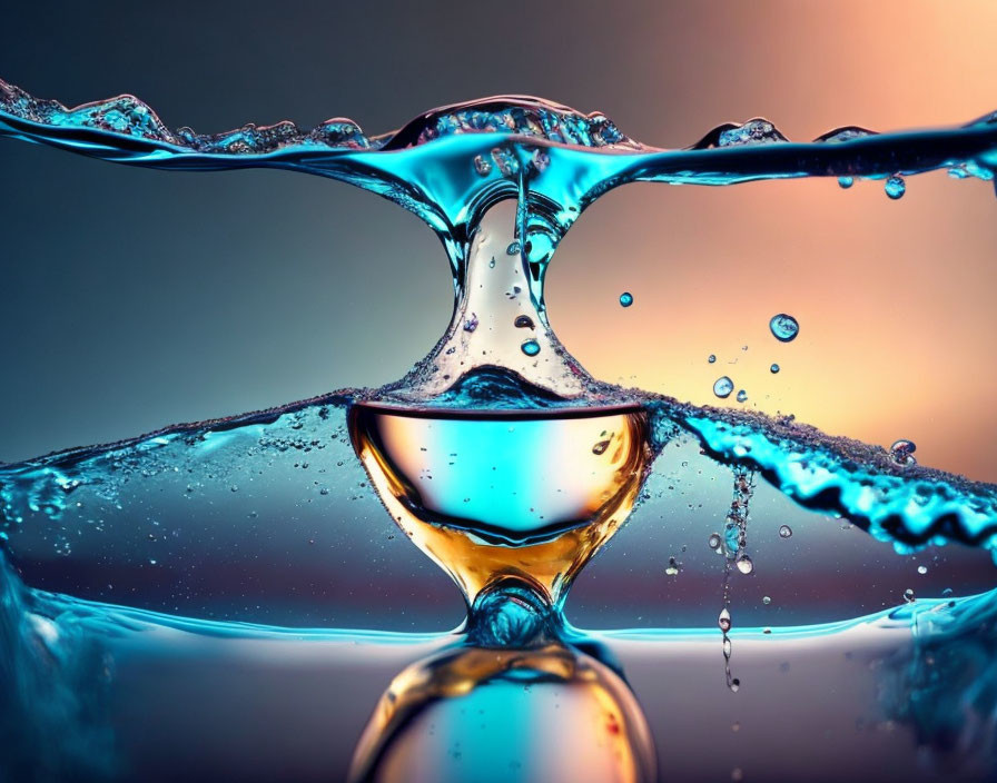 Symmetrical water splash and droplets on vibrant gradient background