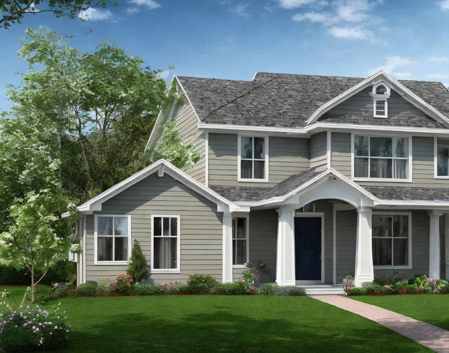 Suburban Two-Story House with Gray Siding and Gabled Roofs