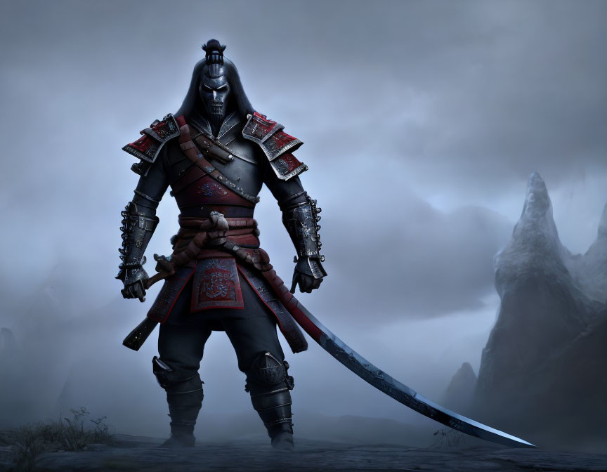 Armored Warrior with Curved Sword in Misty Mountain Scene