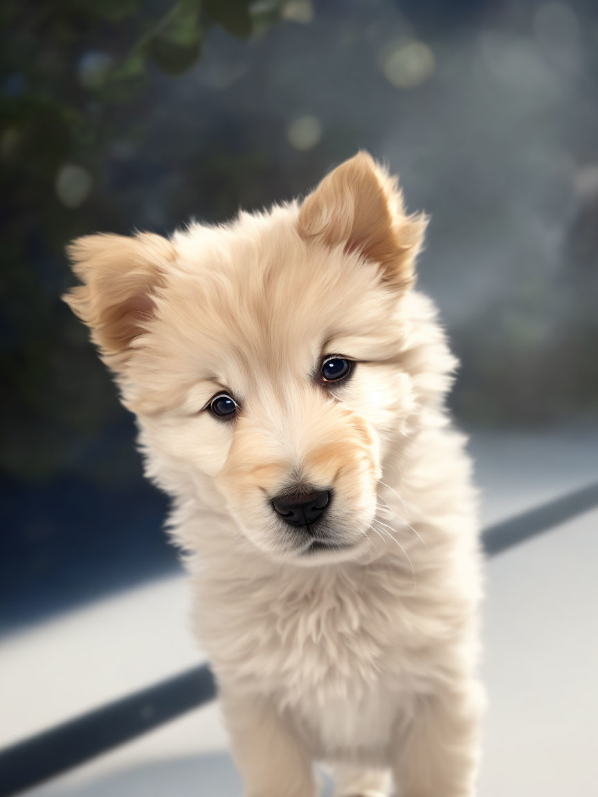 Cream-Colored Puppy with Black Nose and Soulful Eyes in Natural Setting