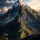 Sunset illuminating mountain peak with clouds over green landscape