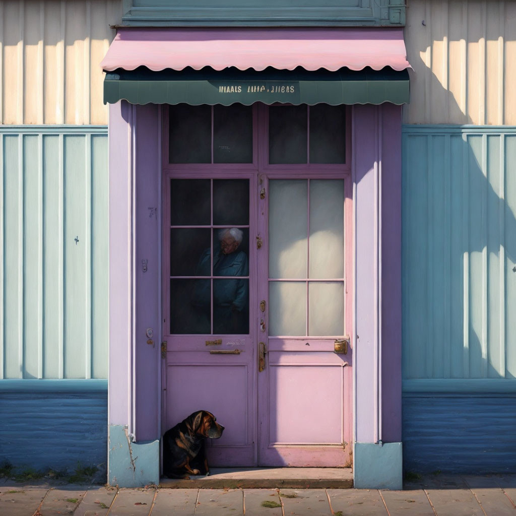 Elderly person by lilac door with black dog under pink awning