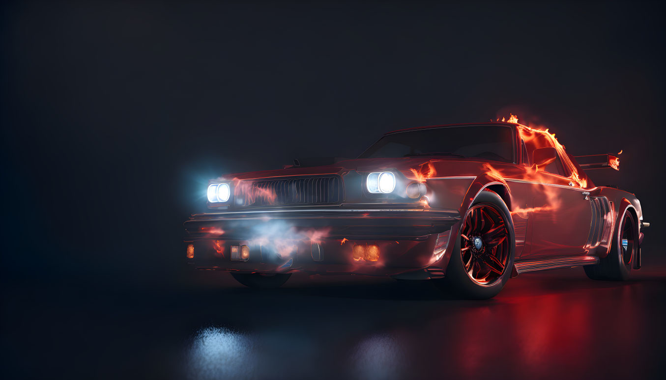 Vintage car with fiery effects and blue headlights on dark background