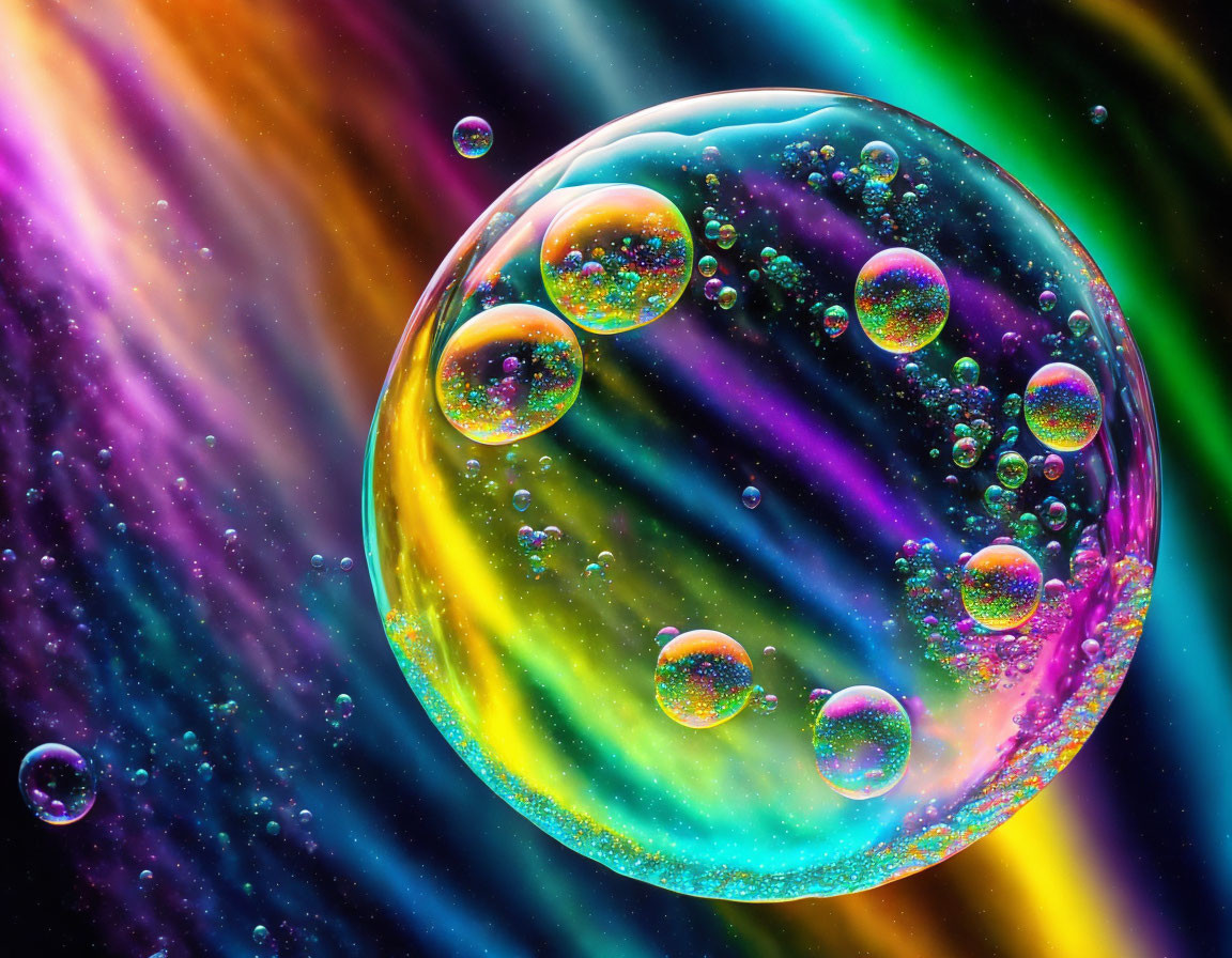 Colorful soap bubbles with cosmic glitters on vibrant swirls