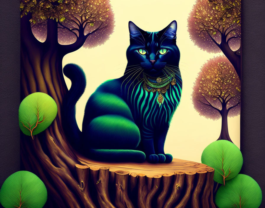 Mystical black cat with turquoise stripes in enchanted forest